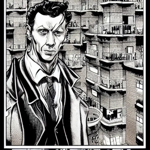 Image similar to portrait of sherlock holmes, mash - up between mc escher and vincent van gogh, marvel comics style