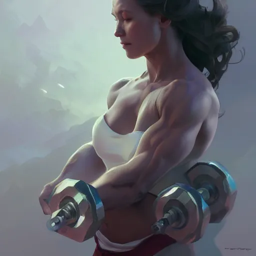 Image similar to Dumbbell, box art, highly detailed, digital painting, artstation, concept art, smooth, sharp focus, illustration, art by artgerm and greg rutkowski and alphonse mucha