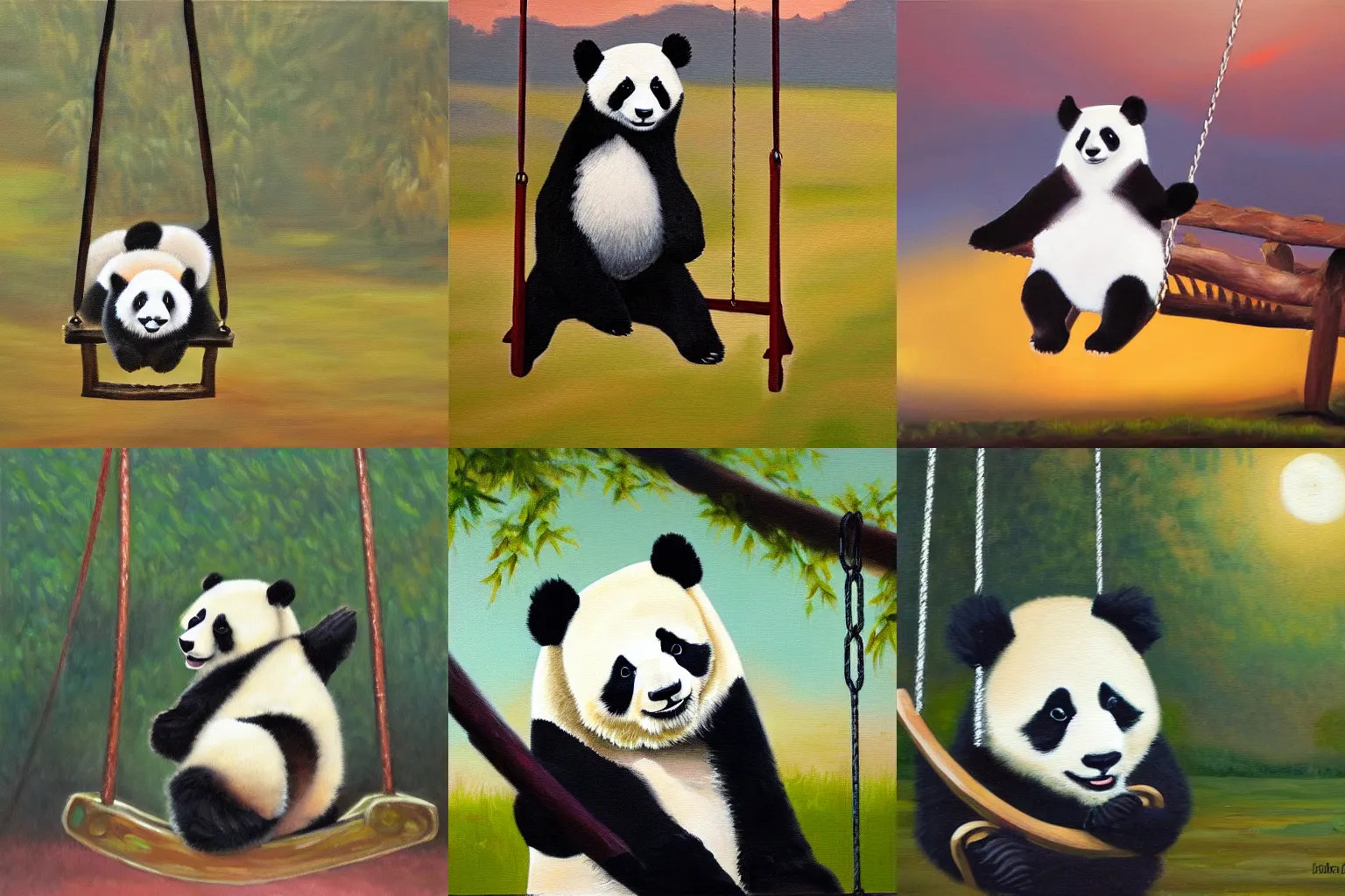 Prompt: oil painting of a panda on a swing at dusk