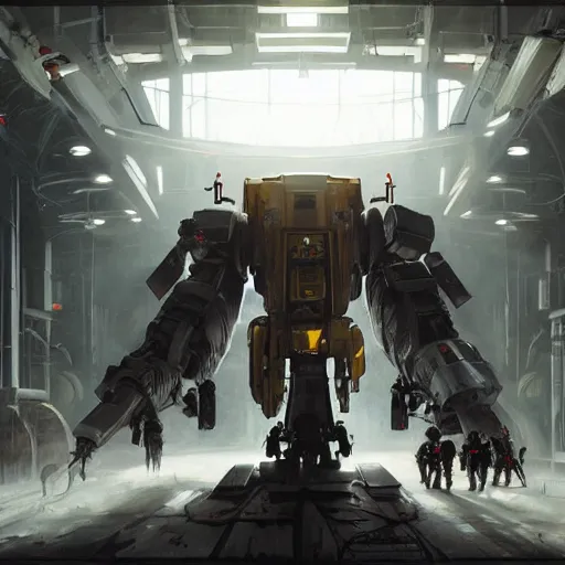 Image similar to A giant minion being worked on by technicians in a mech bay, Battletech, evangelion by Greg Rutkowski, sharp lighting, 4k, detailed