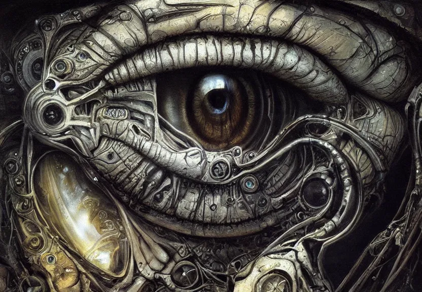 Prompt: biomechanical eye, symmetrical, concept art, intricate detail, volumetric shadows and lighting, realistic oil painting by h. r giger,