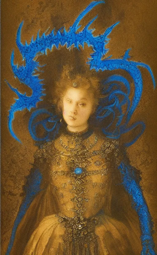 Prompt: Gothic princess in dark and blue dragon armor. By Rembrandt painting (1667), fractal flame!!!!!, highly detailded