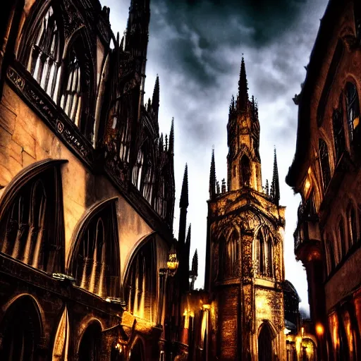 Prompt: low angle street view of a gothic city, high resolution, highly detailed, dark fantasy, gothic architecture, night