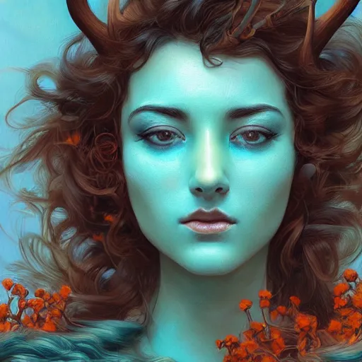 Prompt: beautiful digital painting of a beautiful woman with teal skin and antlers made of wood on her head, brown curly hair with orange oak leaves, D&D, fantasy, intricate, beautiful eyes, cinematic lighting, highly detailed, digital painting, Artstation, concept art, smooth, sharp focus, illustration, art by Artgerm and Greg Rutkowski, Alphonse Mucha and Rossdraws