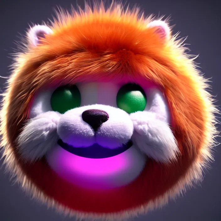 Image similar to high quality 3 d render hyperrealistic very cute big spherical smile emoticon, whiskers, plush mascot, short spiky colorful dense fluffy smooth fur 1 cm long, psychedelic lighting, 1 5 0 mm, smooth background, artstation, elegant, ultra detailed, octane render