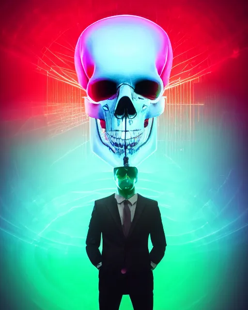 Prompt: dramatic cyberpunk portrait of a skull in a suit, crystalline, red glow, green glow, blue glow, atmospheric haze, intense shading, optic ripple, backlit, bokeh, centered
