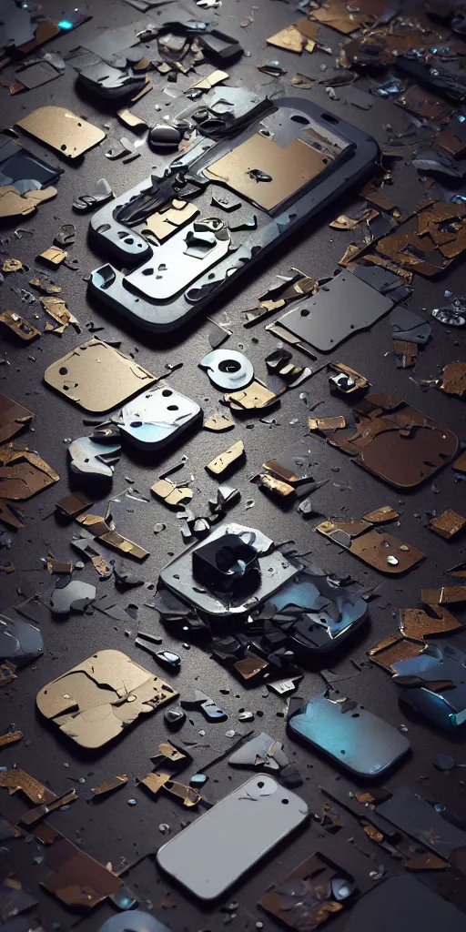 Image similar to A beautiful hyper realistic ultra detailed lifelike cinematic still of broken iphone, knolling, unreal engine, deviantart, flickr, artstation, octane render, textured, colorful, extreme realistic detail, physically based rendering, pbr render, very detailed, volumetric lighting, detailed lighting, octane render, 4k, cinematic lighting, 8k resolution