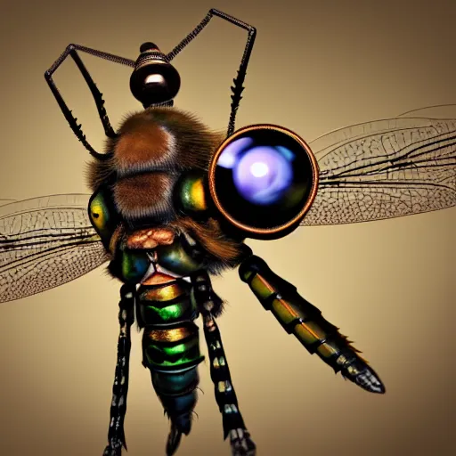 Image similar to close up of a dragonfly wearing steampunk goggles, photorealistic 3D render