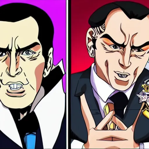 Prompt: silvio berlusconi in the style of jojo, anime, dynamic, vibrant