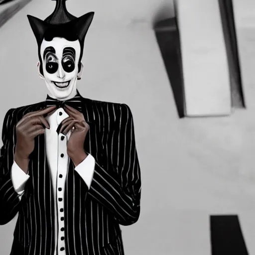 Prompt: A fashion editorial of Beetlejuice in a tuxedo smoking a cigar.