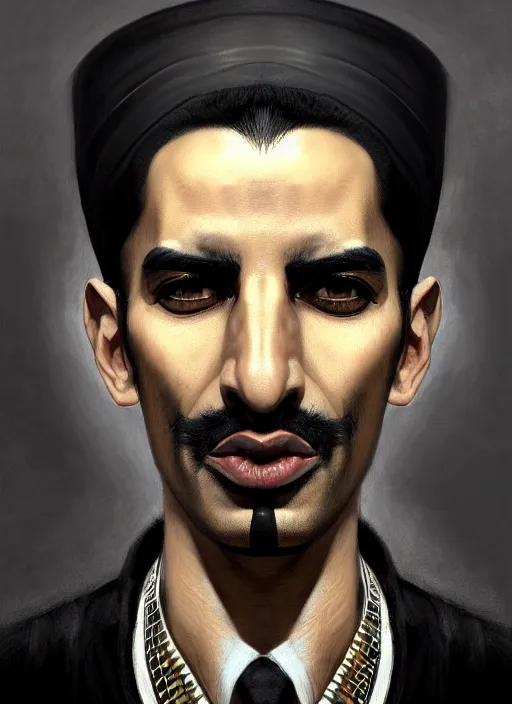 Image similar to portrait of an egyptian man with a crooked nose and a confident expression, 1 9 6 0 s, black clothes, goth, punk, funk, intricate, elegant, highly detailed, digital painting, artstation, concept art, smooth, sharp focus, illustration, art by wlop, mars ravelo and greg rutkowski