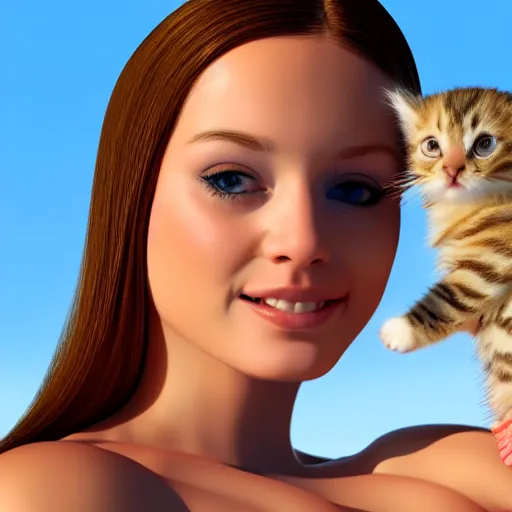 Image similar to photorealistic portrait of blonde young women in bathing suit holding kitten over her head, 3d cgi, photorealistic, cute,