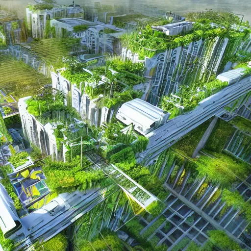 Prompt: a concept art of a solarpunk city with lush vegetation, tall skyscrapers and autonomous vehicles