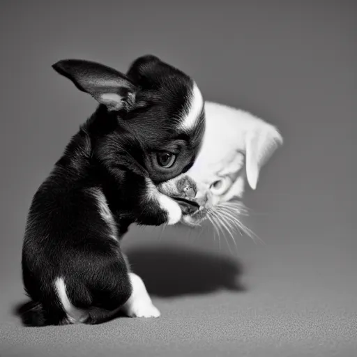 Image similar to black and white photography of a puppie sharing his meal with a small baby cat, animal photography, award winning photography by Leonardo Espina