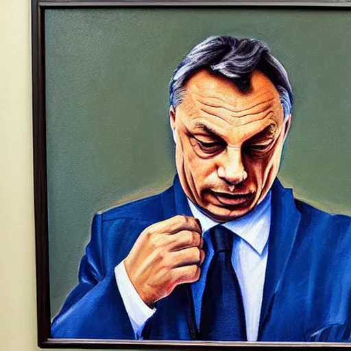 Prompt: viktor orban fixing his tie in a cubicle, oil painting