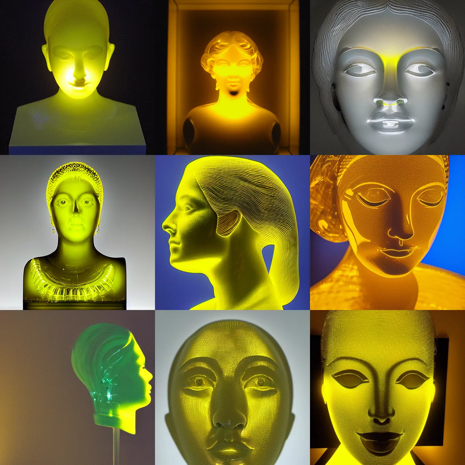 Prompt: “highly detailed bright yellow glass sculpture of a woman’s face, backlit, museum”