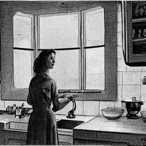 Prompt: housewife in 1 9 5 0 s kitchen by gustave dore