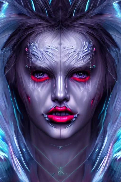 Prompt: hyper detailed ultra sharp of a beautiful face girl azazello is one of the demonic and mystical characters in the work, a negative character in biblical stories, a fallen angel who opposed the will of god. various reference for artists, facial expressions, trending on artstation, neon colors, digital art, cinematic lighting, art by god, 8 k