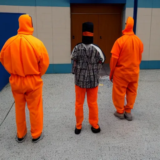 Prompt: inmate with orange suit and using a bee head