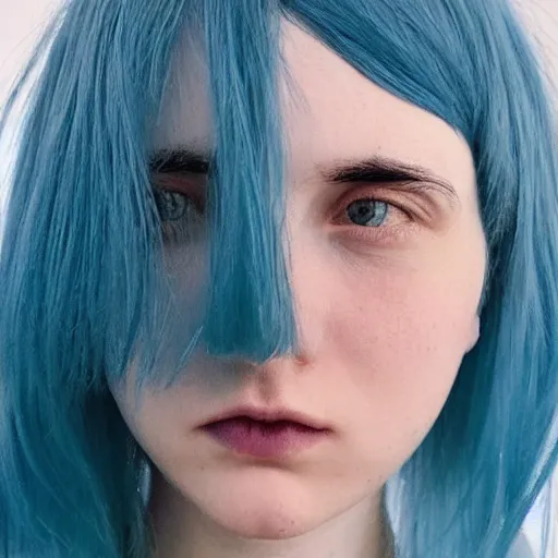 Image similar to a pale girl with blue hair, sideswept bangs, soft facial features, looking directly at the camera, neutral expression, instagram picture