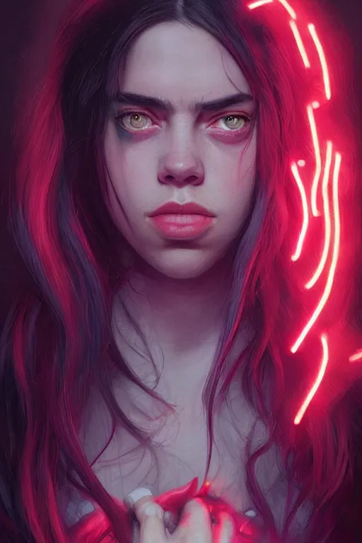 Image similar to portrait of a Billie eilish with a scaly skin and biotechnical parts and neon light by Artgerm and Greg Rutkowski , digital painting, highly detailed, trending on artstation