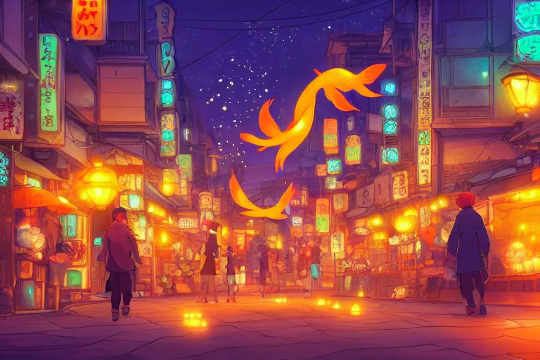 Image similar to fantasy art of glowing goldfish swimming in the air, in the streets of a japanese town at night, with people watching in wonder, in the style of studio ghibli and makoto shinkai, highly detailed digital art, trending on artstation