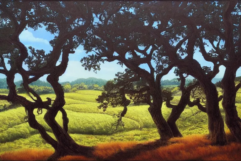 Prompt: masterpiece painting of oak trees on a hillside overlooking a creek, dramatic lighting, by hiro osono