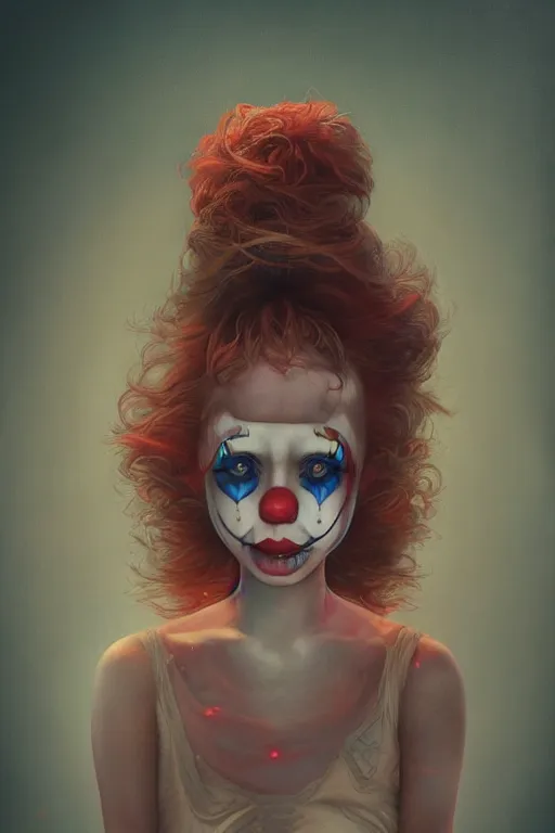 Image similar to breathtaking detailed painting of clown girl , with anxious, piercing eyes, Atari game cover art by Hsiao-Ron Cheng, James jean, Miho Hirano, Hayao Miyazaki, extremely moody lighting, hyperrealistic, octane render, RPG portrait, ambient light, dynamic lighting