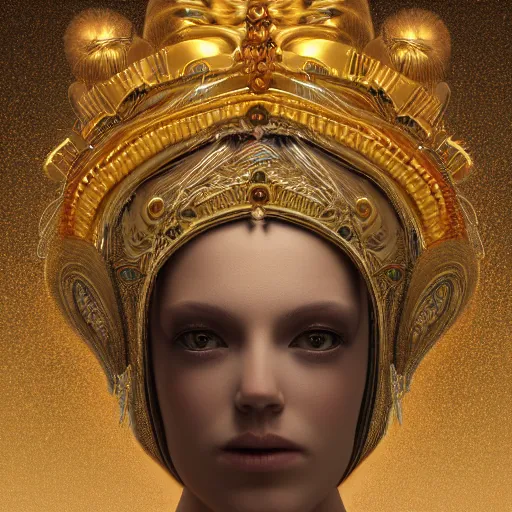 Prompt: a beautiful symmetrical head wearing a crown made of golden ornaments by alex gray and android jones , Karol Bak, Ayami Kojima, Amano , 3D, 8k resolution