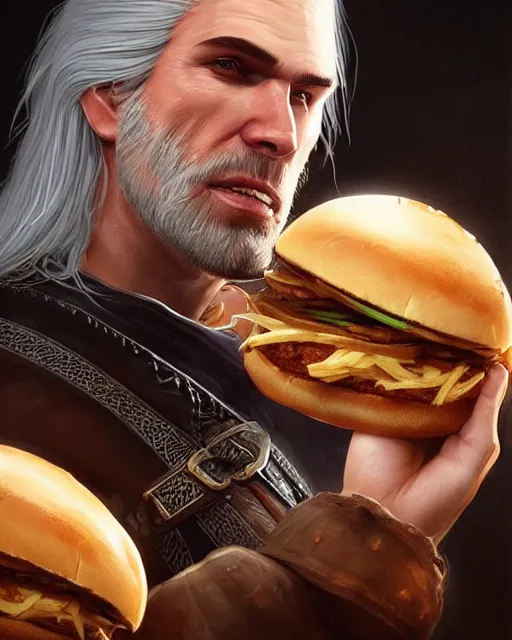 Prompt: portrait of geralt of rivia eating a big hamburger, fantasy, intricate, elegant, highly detailed, digital painting, artstation, concept art, smooth, sharp focus, illustration, by artgerm and greg rutkowski