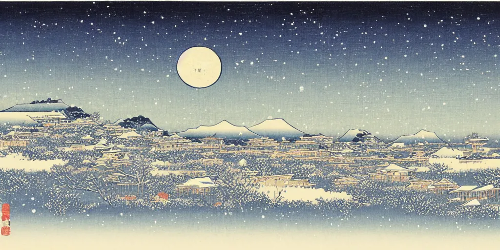 Prompt: snow field scenery at night, snowy and windy, with some tombs in the front, by hiroshige utakawa, ukiyoe