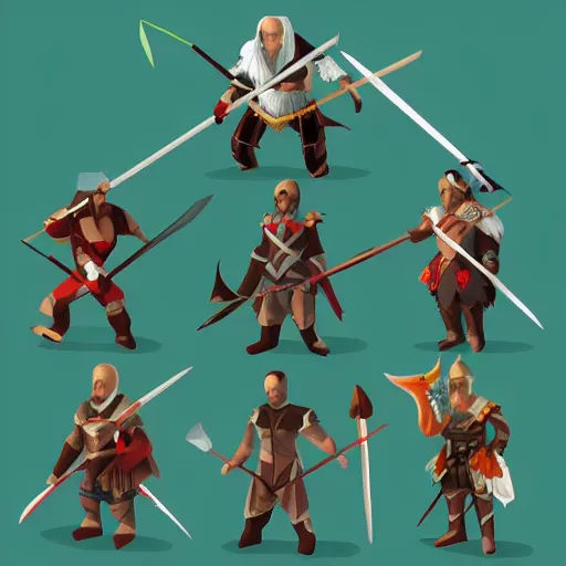 Prompt: Set of high quality HD sprites, low poly, arrows, bows, swords, axes, etc.