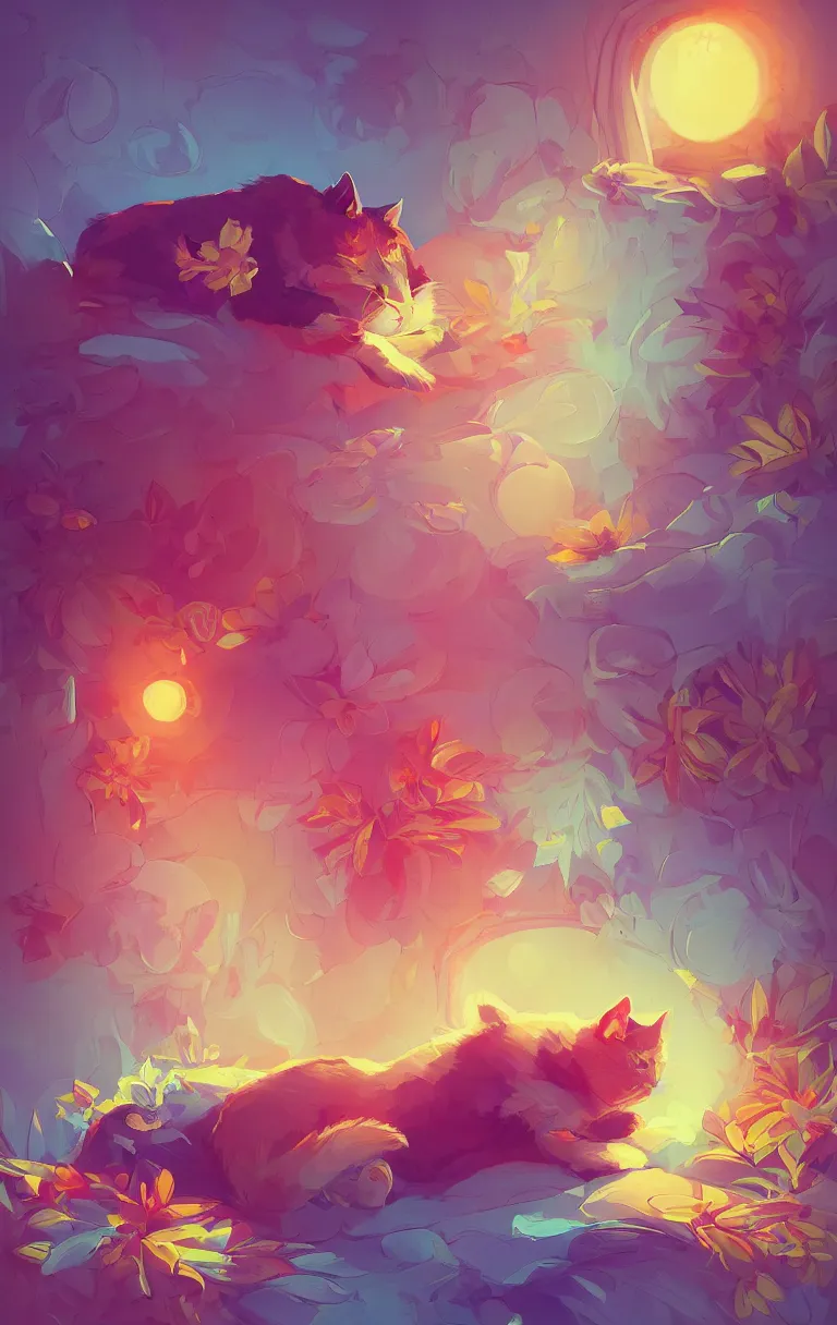 Image similar to a digital art of a cat sleeping in the room with flowers around in the afternoon, the sun shines in, animal, light effect, highly detailed, by anton fadeev