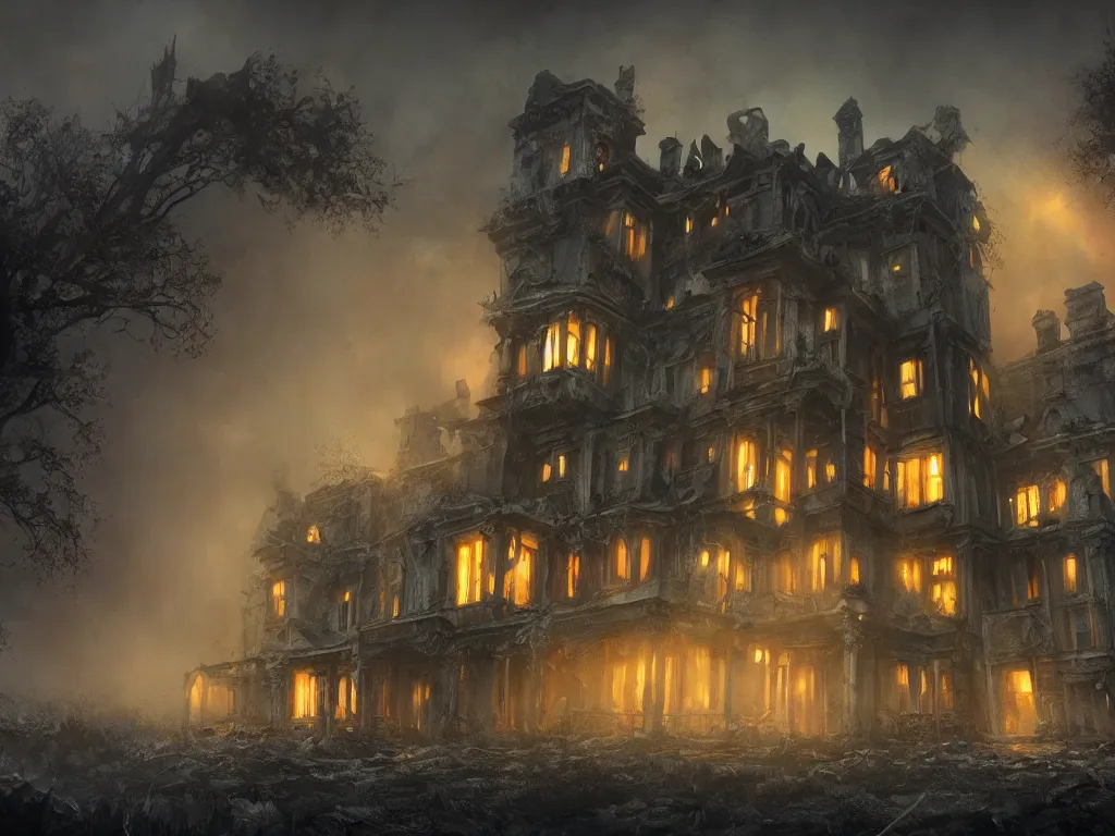 Prompt: a haunting matte painting of a disturbing dilapidated scary mansion with eerie glowing windows at the edge of world, concept art, illustration, trending on artstation, vibrant colors, 4 k wallpaper