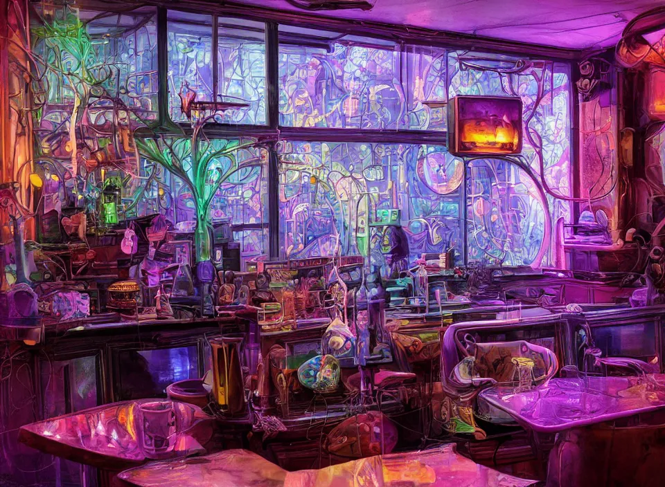 Image similar to telephoto 7 0 mm f / 2. 8 iso 2 0 0 photograph depicting the experience of chrysalism in a cosy cluttered french sci - fi ( art nouveau ) cyberpunk bar in a pastel dreamstate art cinema style. ( terrarium, computer screens, window ( city ), leds, lamp, ( ( ( piano ) ) ) ), ambient light.