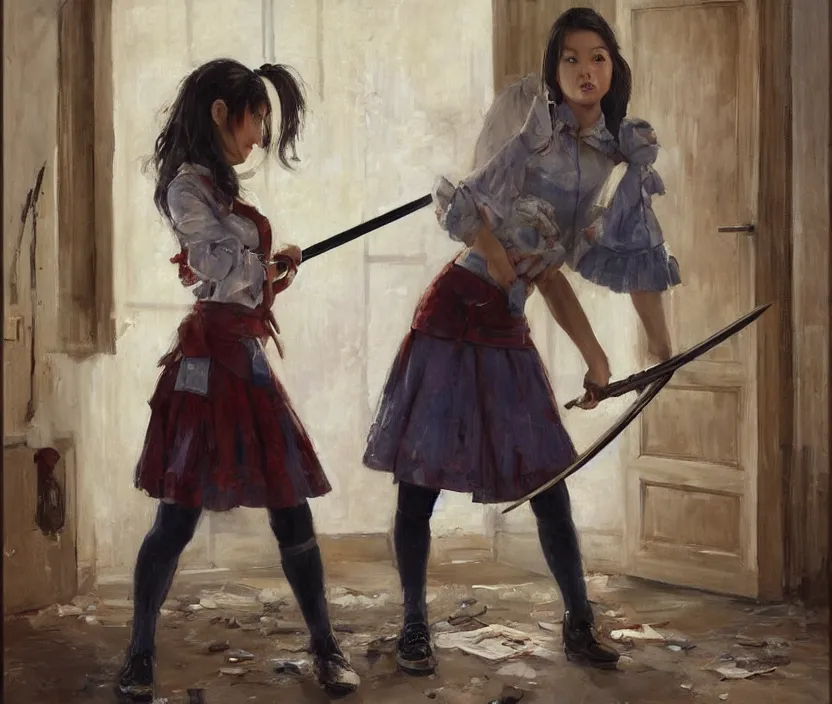 Image similar to School girl holding a katana and standing on an abandoned hospital room , by Konstantin Razumov, horror scene, highly detailded