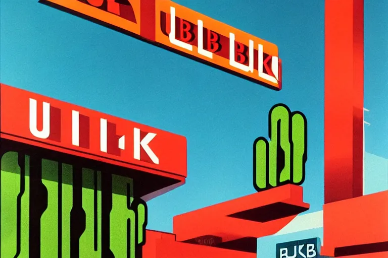 Prompt: an advertisement billboard for 'UBIK', retro-futurism style-art deco style-sci-fi- 3d geometric landscape with cactus