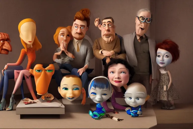 Prompt: pixar family with actor's ceramic masks watching tv, style of paolo roversi, 8 k, sharp focus, soft light, volumetric lighting, highly detailed realistic, refined, artstation