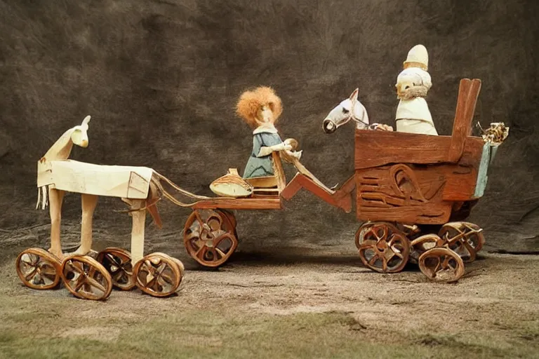 Image similar to a wooden toy horse pulling a wooden carriage, a surrealist sculpture by beatrix potter, pinterest contest winner, folk art, diorama, made of trash, made of cardboard