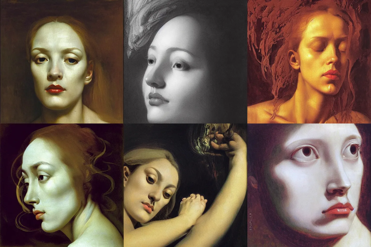 Prompt: Reflected unfolded face of a beautiful woman with closed eyes in singularity of baroque folds, shadows, the long shot, dramatic lighting, high-detailed oil painting by Ilya Repin, William Blake, Michelangelo da Caravaggio and Beksinski, masterpiece, 4k