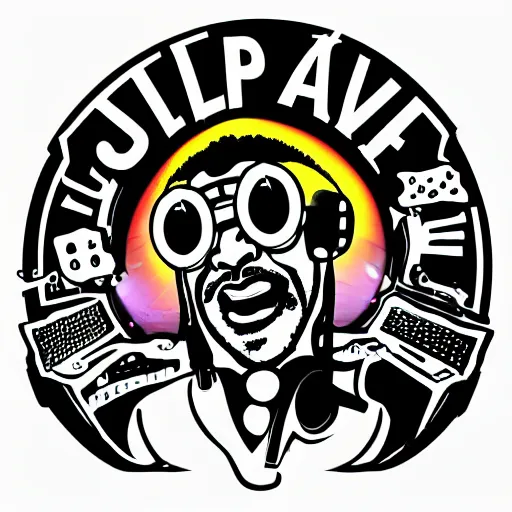 Image similar to svg sticker of a Dancing-Ben-Harper-Snoop-Spike-Lee-with-a-large-Afro-Puff, at a rave, spinning records, giant headphones rocking out, wearing headphones, huge speakers, dancing, rave, DJ, spinning records, digital art, amazing composition, rule-of-thirds, award-winning, trending on artstation, featured on deviantart