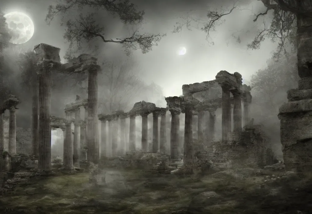 Prompt: roman ruins, moonlit with ambient fog, michael jackson with yellow eyes, trending on art station