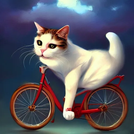 Image similar to head and shoulders masterpiece portrait of cute cat riding a bicycle, surreal background, digital art by Krenz Cushart, trending on artstation