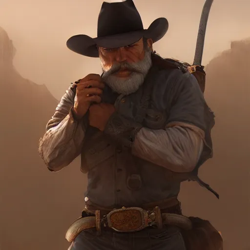 Image similar to cowboy with a katana striking an action pose, old, white beard, wrinkles, handsome, action pose, katana, profile, intricate, detailed, volumetric lighting, scenery, digital painting, highly detailed, artstation, sharp focus, illustration, concept art, ruan jia, steve mccurry