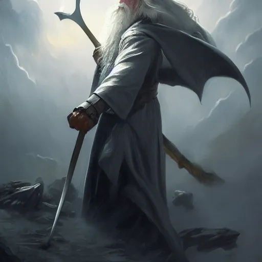 Image similar to gandalf casts a lightningbolt, dramatic lighting, chiaroscuro, high detail, painted by greg rutkowski, painted by igor kieryluk, painted by bobby chiu, trending on artstation