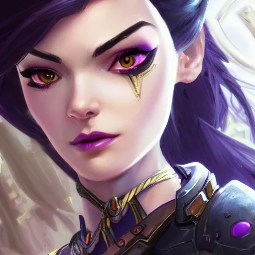 Image similar to Closeup of Widowmaker from Overwatch, D&D, fantasy, intricate, elegant, highly detailed, digital painting, artstation, concept art, matte, sharp focus, illustration, hearthstone, art by Artgerm and Greg Rutkowski and Alphonse Mucha