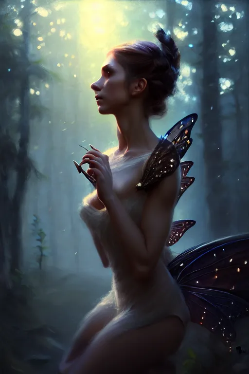 Image similar to cinematic shot of an epic portrait of a fairy dressed in military clothes, shiny skin, beautiful eyes, beautiful, small details, night setting, realistic poster with volumetric light from craig mallism, artgerm, jeremy lipkin and michael garmash, unreal engine, radiant light, detailed and complex environment, digital art, trends at art station, a masterpiece