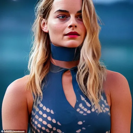 Image similar to a woman who is a genetic combination of margot robbie and emma watson face and upper - body focus