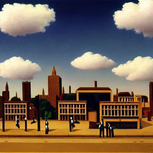 Prompt: South London imagined by Rene Magritte