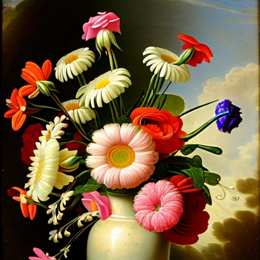 Image similar to a still life of a vase of flowers with a mix of roses daisies and lilies.